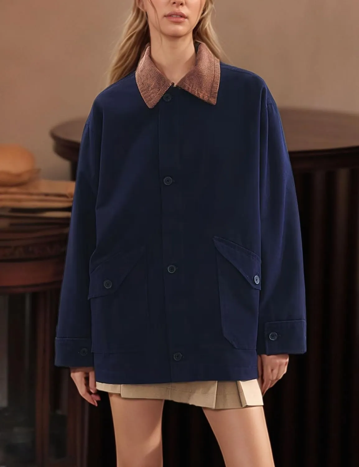 Womens Oversized Barn Jacket Button Down Canvas Jacket Corduroy Lapel Collar Fall Fashion 2024 Trendy Outwear