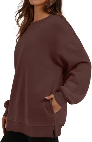Womens Oversized Sweatshirts Side Slit Crewneck Long Sleeve Tops Loose Pullover 2024 Fall Trendy Clothes with Pocket
