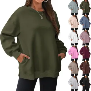 Womens Oversized Sweatshirts Side Slit Crewneck Long Sleeve Tops Loose Pullover 2024 Fall Trendy Clothes with Pocket