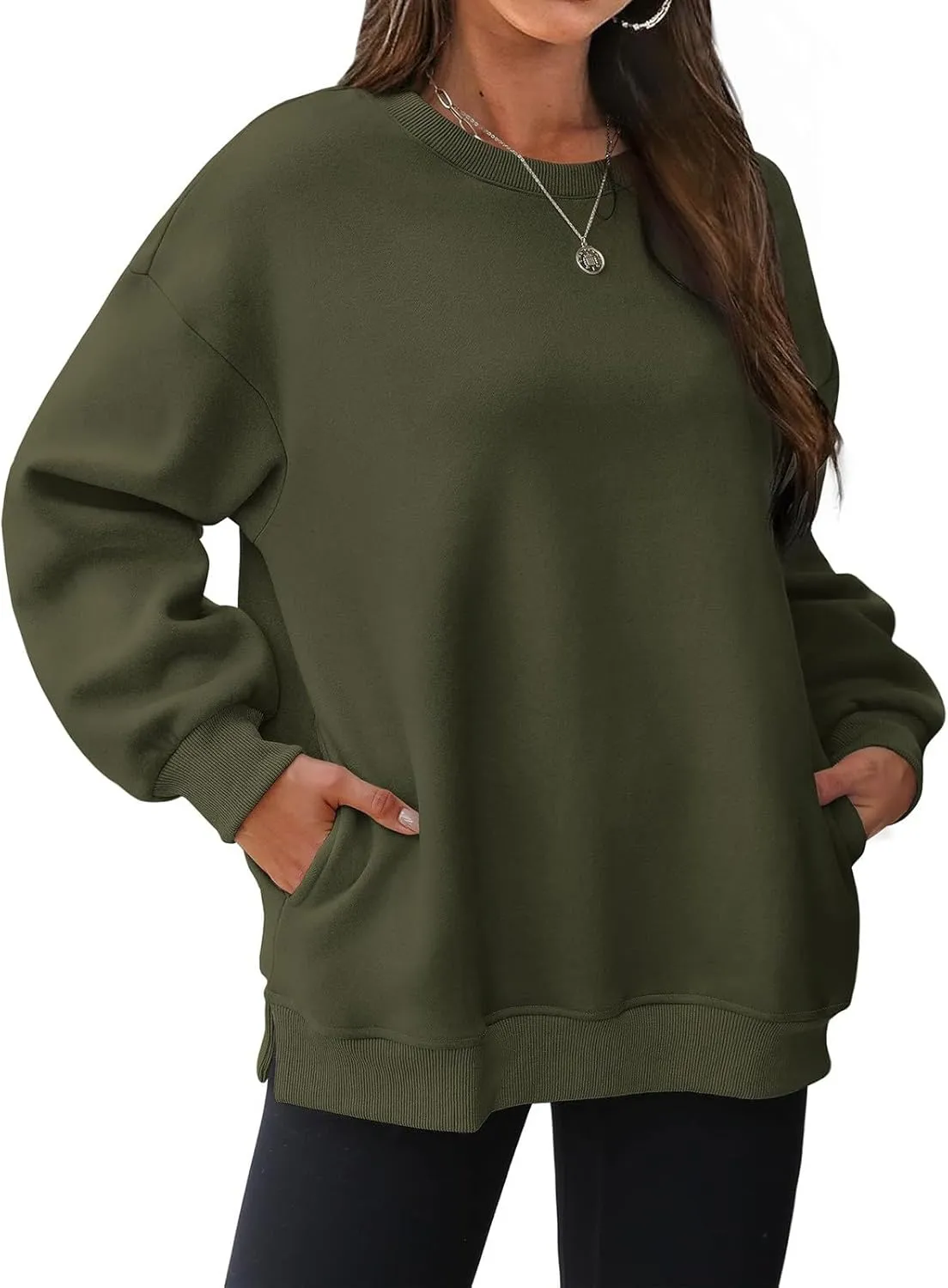 Womens Oversized Sweatshirts Side Slit Crewneck Long Sleeve Tops Loose Pullover 2024 Fall Trendy Clothes with Pocket