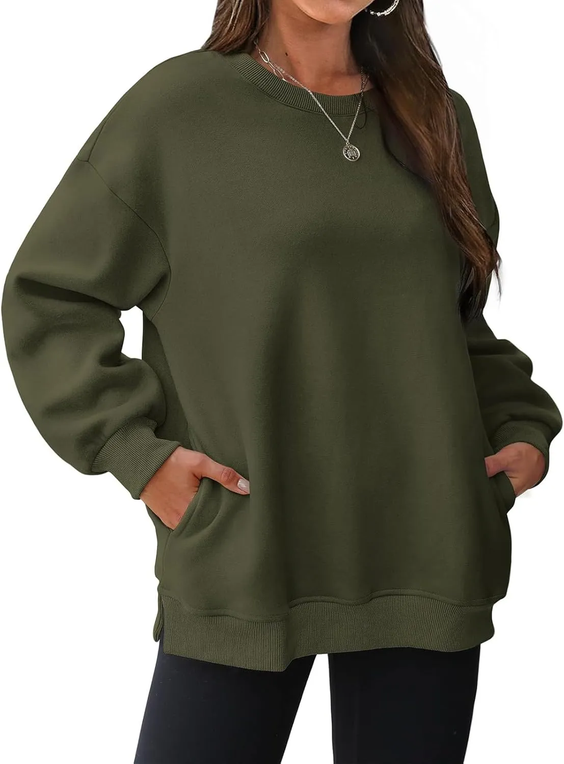 Womens Oversized Sweatshirts Side Slit Crewneck Long Sleeve Tops Loose Pullover 2024 Fall Trendy Clothes with Pocket