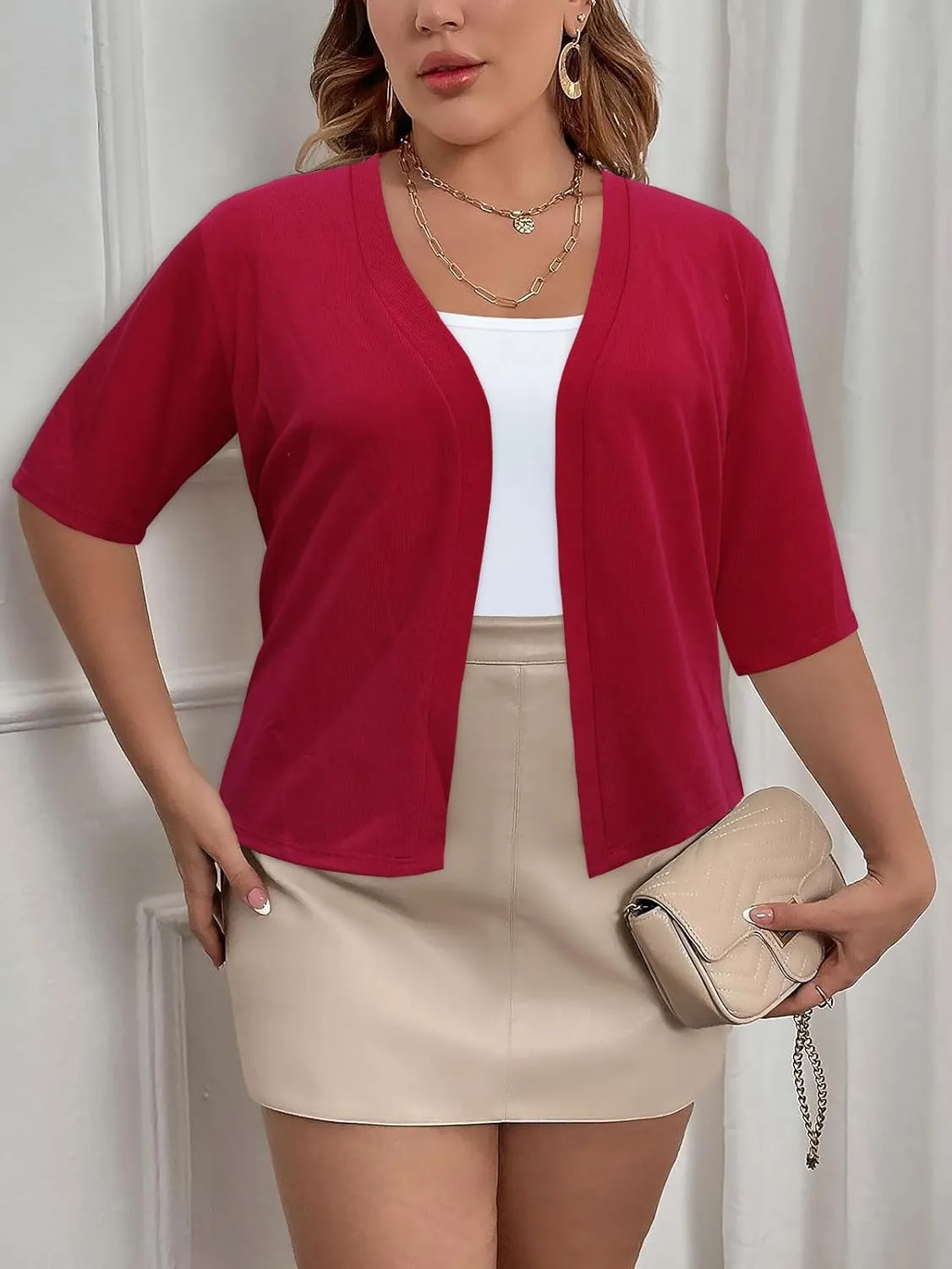 Women's Short Sleeve Cardigan Knit Sweaters Cropped Open Front Shrug Bolero
