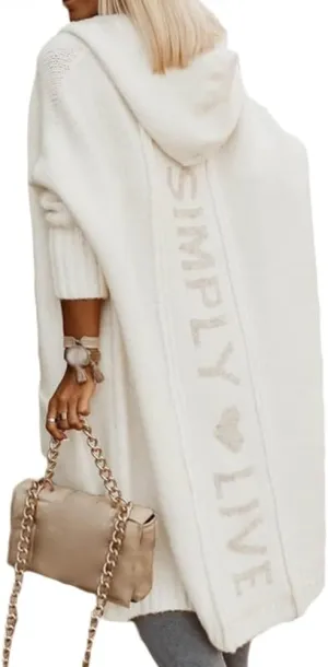 Women's Simply Love Live Letter Long Hooded Sweater Cardigans Fall Winter Plus Size Open Front Coat with Pockets