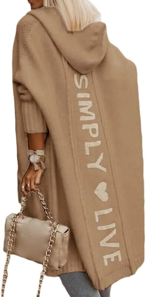 Women's Simply Love Live Letter Long Hooded Sweater Cardigans Fall Winter Plus Size Open Front Coat with Pockets