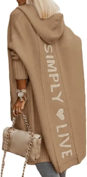 Women's Simply Love Live Letter Long Hooded Sweater Cardigans Fall Winter Plus Size Open Front Coat with Pockets