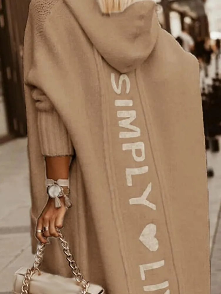 Women's Simply Love Live Letter Long Hooded Sweater Cardigans Fall Winter Plus Size Open Front Coat with Pockets