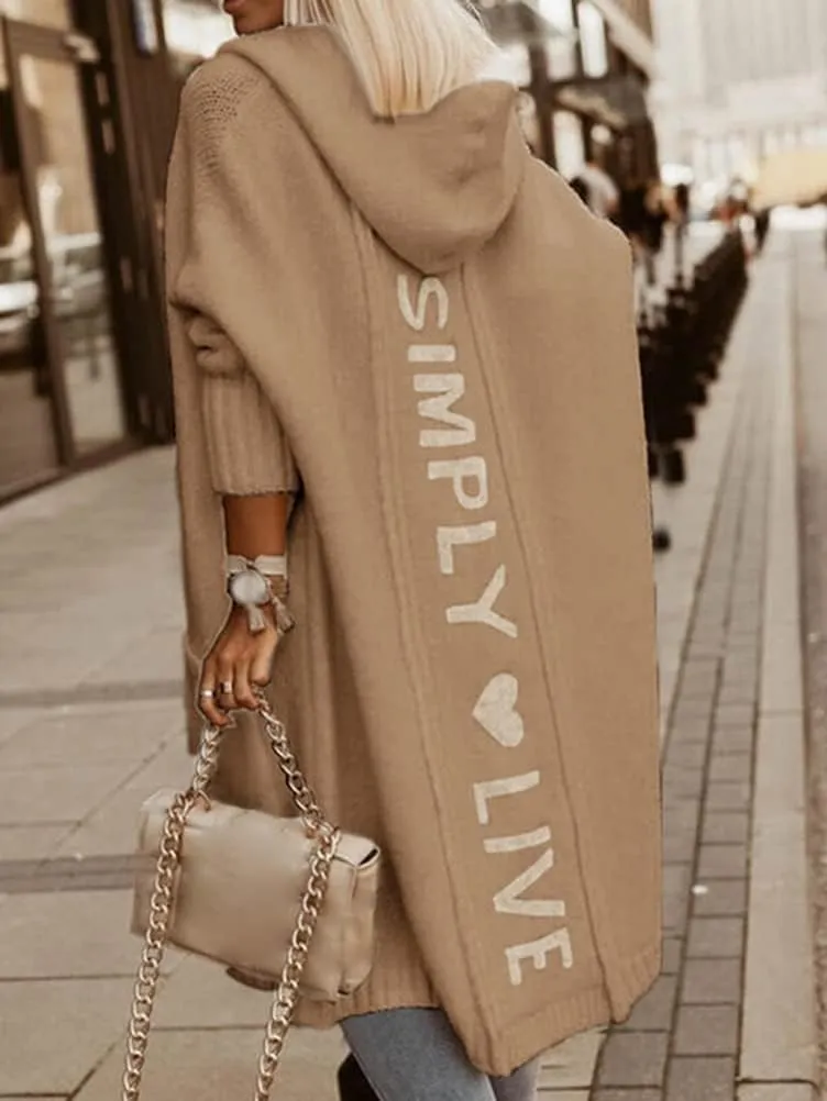 Women's Simply Love Live Letter Long Hooded Sweater Cardigans Fall Winter Plus Size Open Front Coat with Pockets