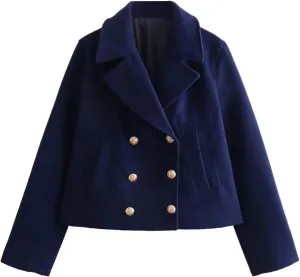 Women's Turn-Down Collar Long Sleeve Casual Pocket Double Breasted Jacket Tweed Coat