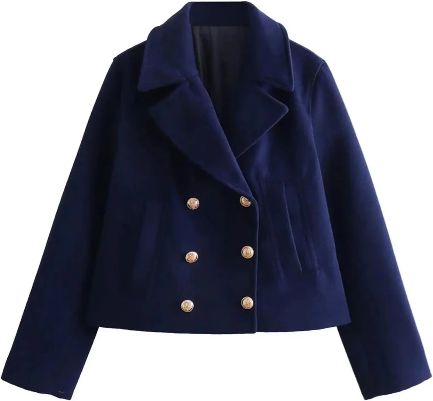 Women's Turn-Down Collar Long Sleeve Casual Pocket Double Breasted Jacket Tweed Coat