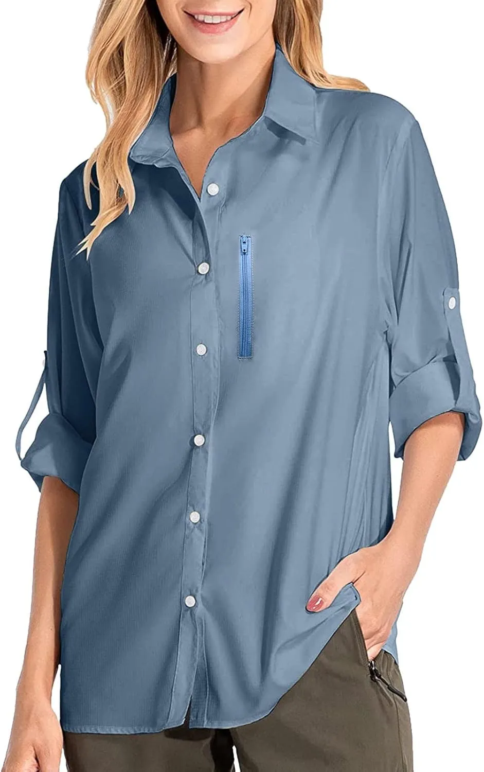 Womens UPF 50  Sun Protection Fishing Shirt Quick Dry Button Down Long Sleeve Shirts Solid Color Outdoor Travel Shirts