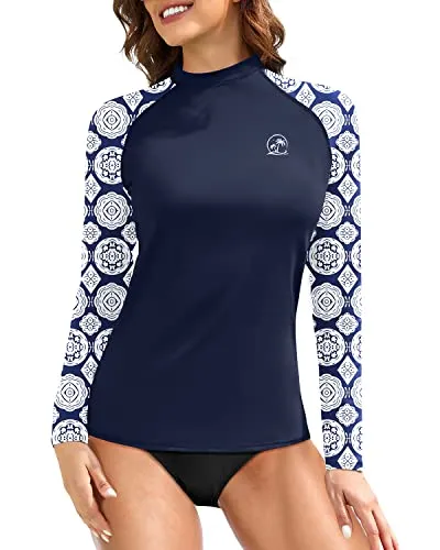 Women's Upf 50  Sun Protection Long Sleeve Swim Shirts-Blue And White Snake Print