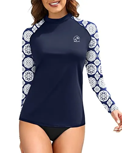 Women's Upf 50  Sun Protection Long Sleeve Swim Shirts-Blue And White Snake Print