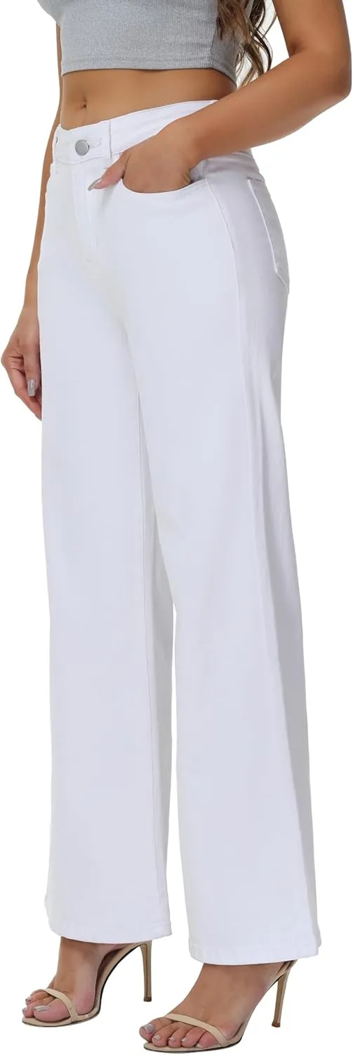 Womens Wide Leg Jeans Casual Baggy High Waisted Stretch Denim Pants