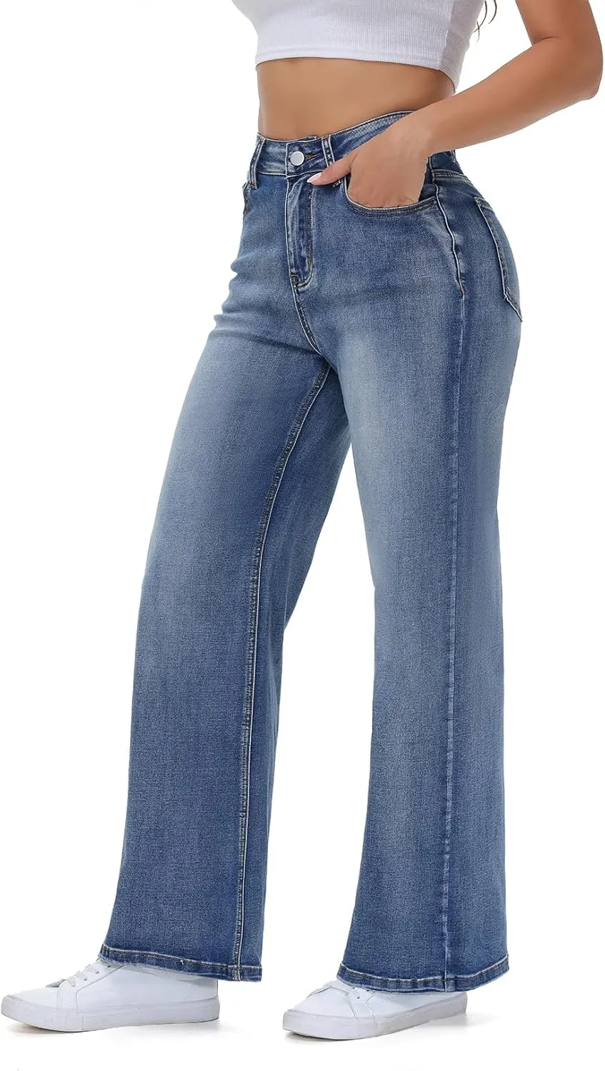 Womens Wide Leg Jeans Casual Baggy High Waisted Stretch Denim Pants