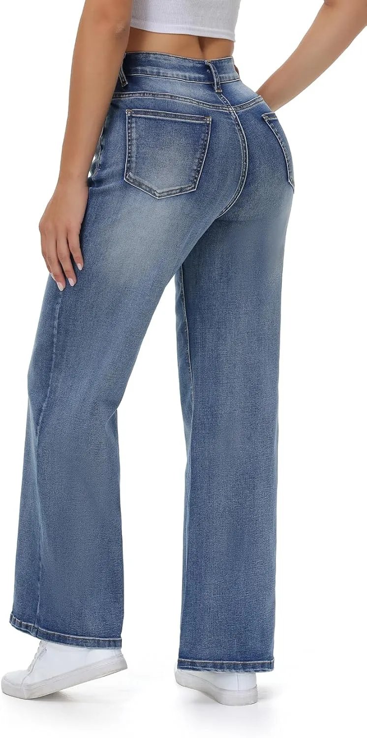 Womens Wide Leg Jeans Casual Baggy High Waisted Stretch Denim Pants