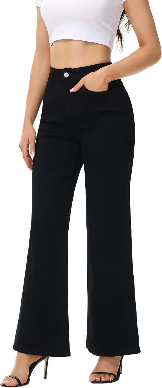 Womens Wide Leg Jeans Casual Baggy High Waisted Stretch Denim Pants