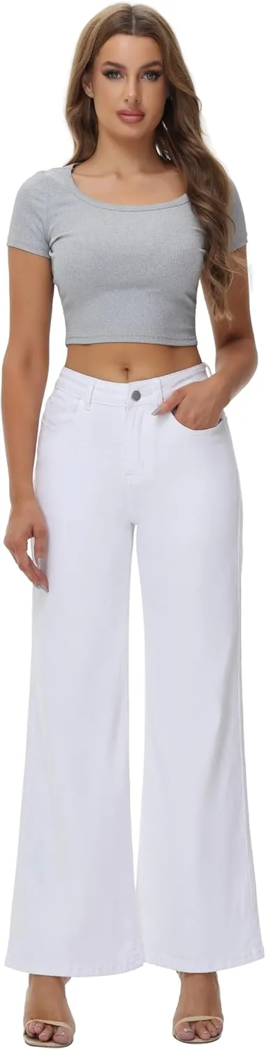 Womens Wide Leg Jeans Casual Baggy High Waisted Stretch Denim Pants