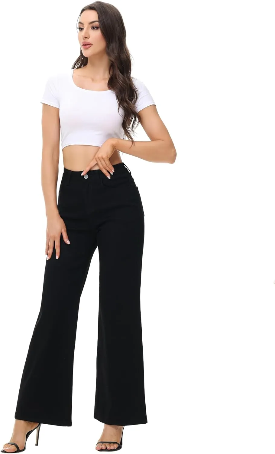 Womens Wide Leg Jeans Casual Baggy High Waisted Stretch Denim Pants
