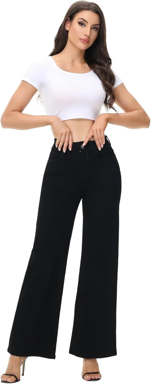 Womens Wide Leg Jeans Casual Baggy High Waisted Stretch Denim Pants