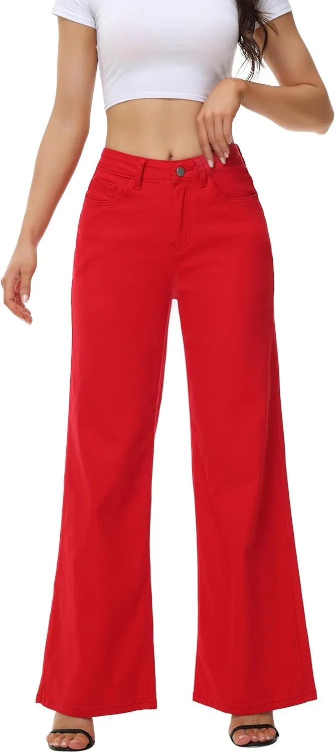 Womens Wide Leg Jeans Casual Baggy High Waisted Stretch Denim Pants
