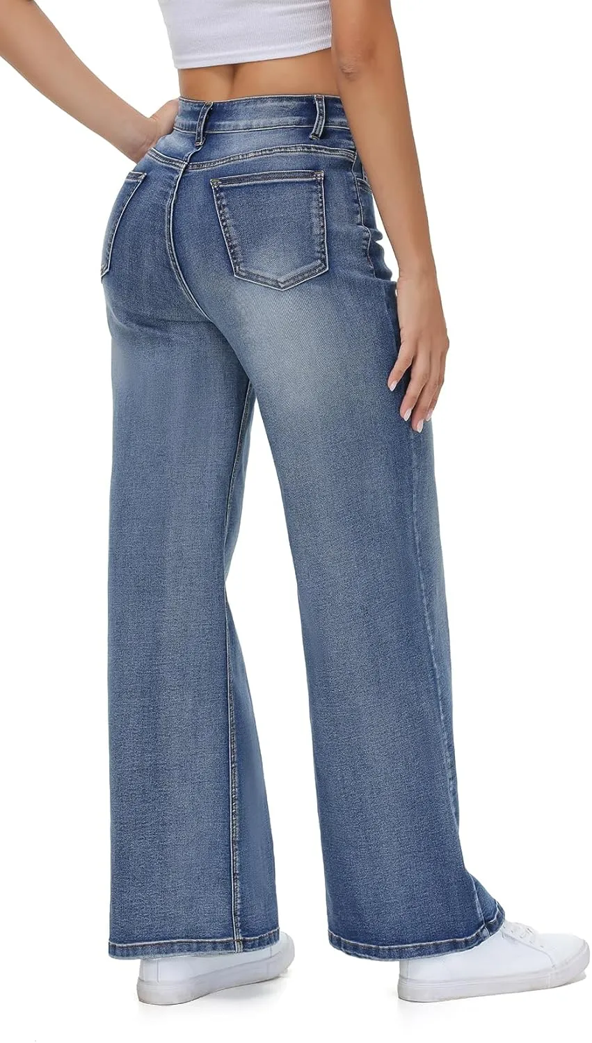 Womens Wide Leg Jeans Casual Baggy High Waisted Stretch Denim Pants