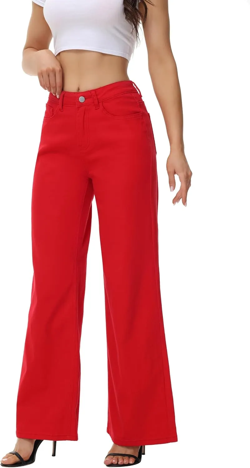 Womens Wide Leg Jeans Casual Baggy High Waisted Stretch Denim Pants