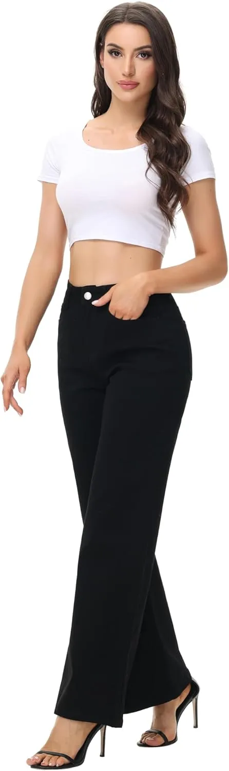 Womens Wide Leg Jeans Casual Baggy High Waisted Stretch Denim Pants