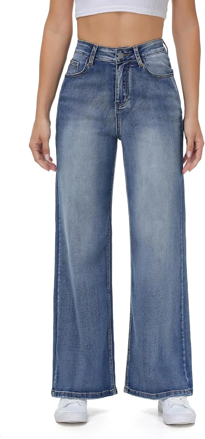 Womens Wide Leg Jeans Casual Baggy High Waisted Stretch Denim Pants