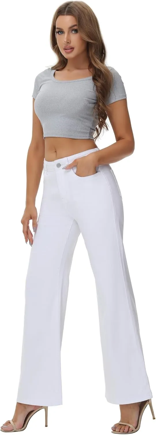 Womens Wide Leg Jeans Casual Baggy High Waisted Stretch Denim Pants