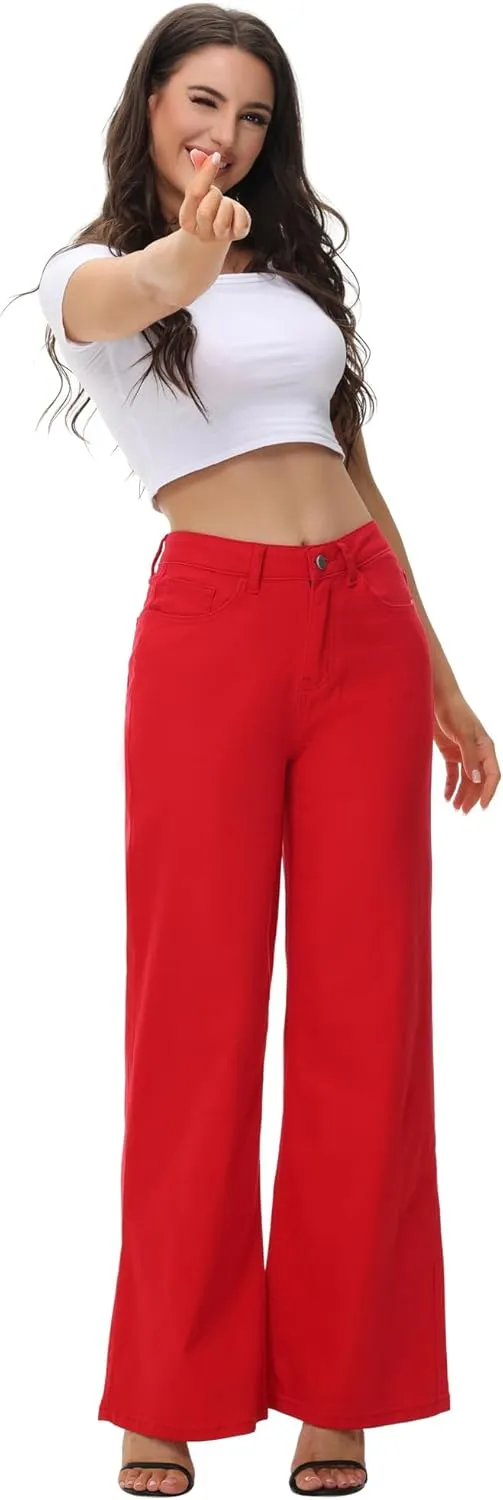 Womens Wide Leg Jeans Casual Baggy High Waisted Stretch Denim Pants