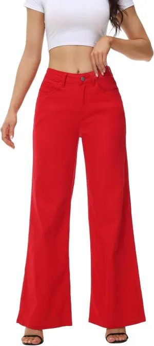 Womens Wide Leg Jeans Casual Baggy High Waisted Stretch Denim Pants