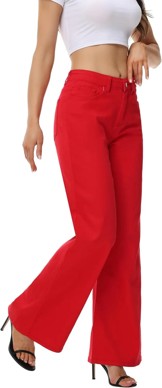 Womens Wide Leg Jeans Casual Baggy High Waisted Stretch Denim Pants