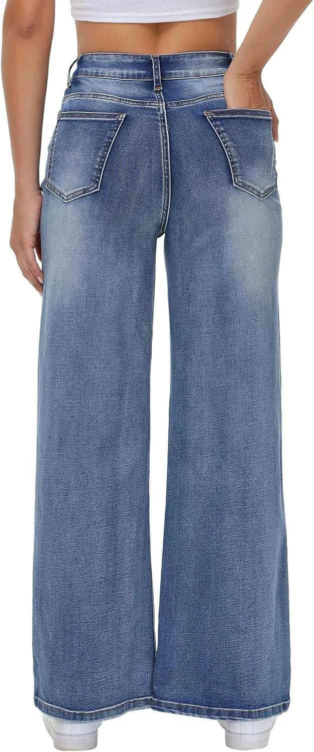 Womens Wide Leg Jeans Casual Baggy High Waisted Stretch Denim Pants