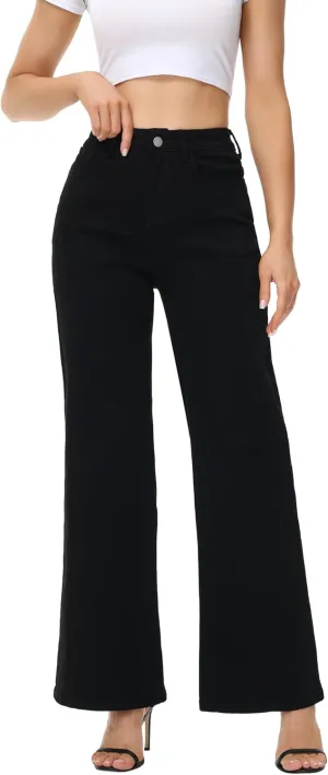 Womens Wide Leg Jeans Casual Baggy High Waisted Stretch Denim Pants