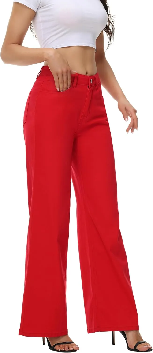 Womens Wide Leg Jeans Casual Baggy High Waisted Stretch Denim Pants