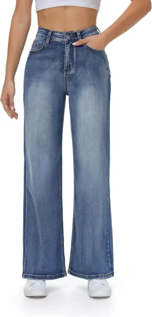Womens Wide Leg Jeans Casual Baggy High Waisted Stretch Denim Pants