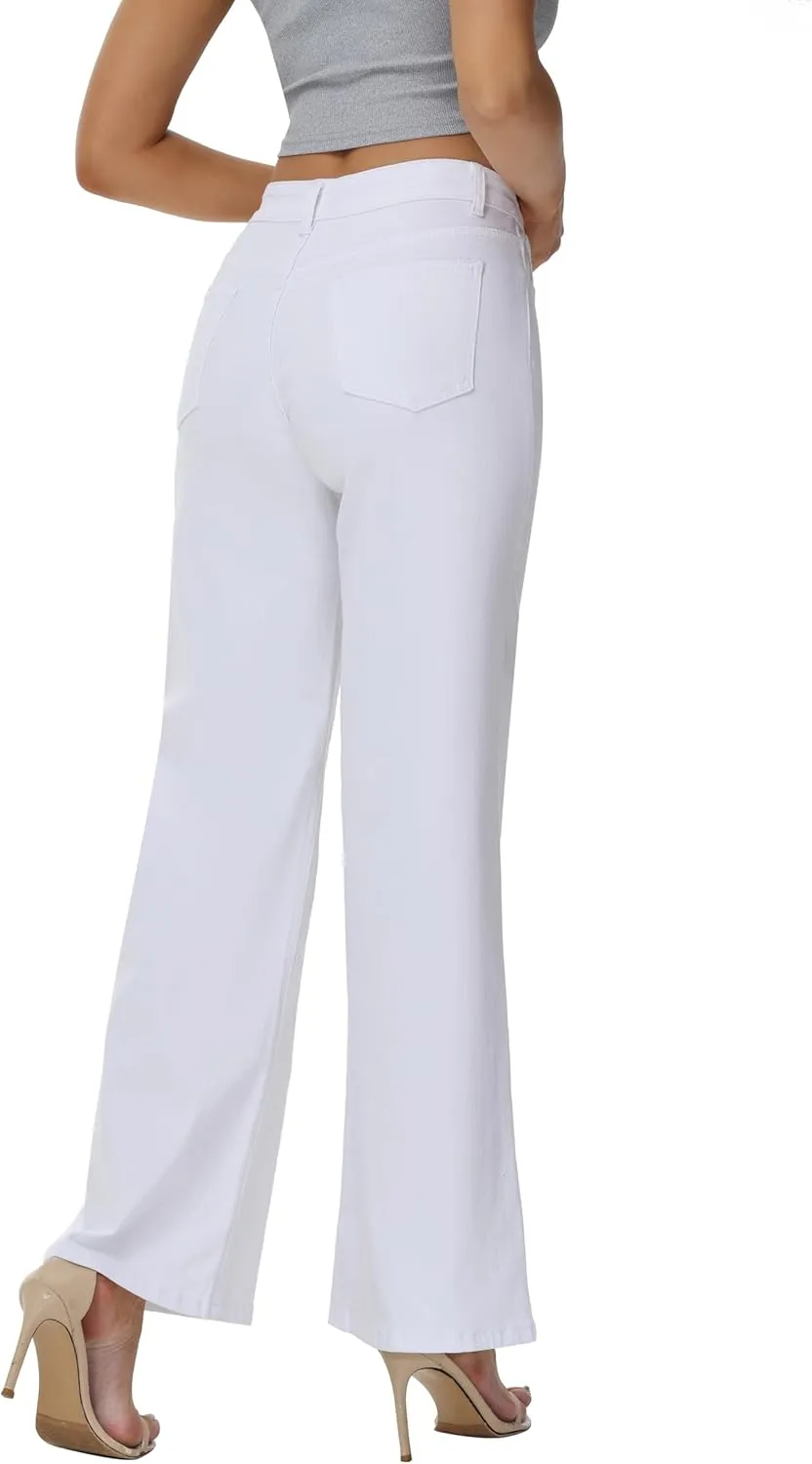 Womens Wide Leg Jeans Casual Baggy High Waisted Stretch Denim Pants