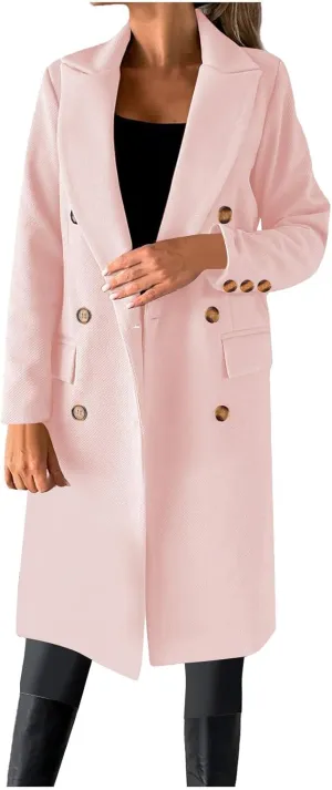 Womens Winter Mid Long Trench Coat Winter Lapel Double Breasted Long Pea Coat Casual Work Office Overcoat with Pocket