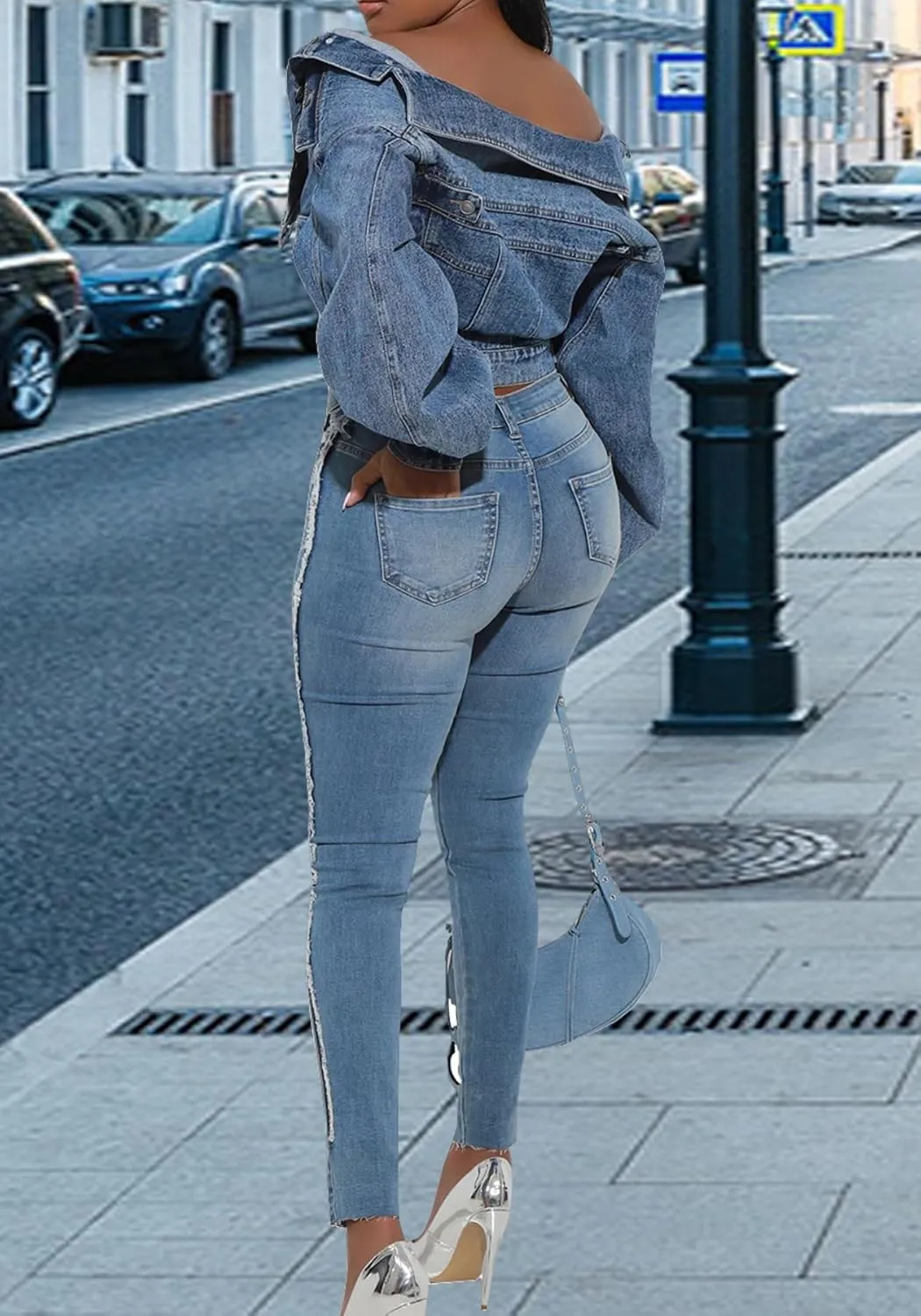 Womens Y2K Cropped Denim Jacket Irregular Distressed Puff Long Sleeve Button Up Jean Jackets Fall Coat