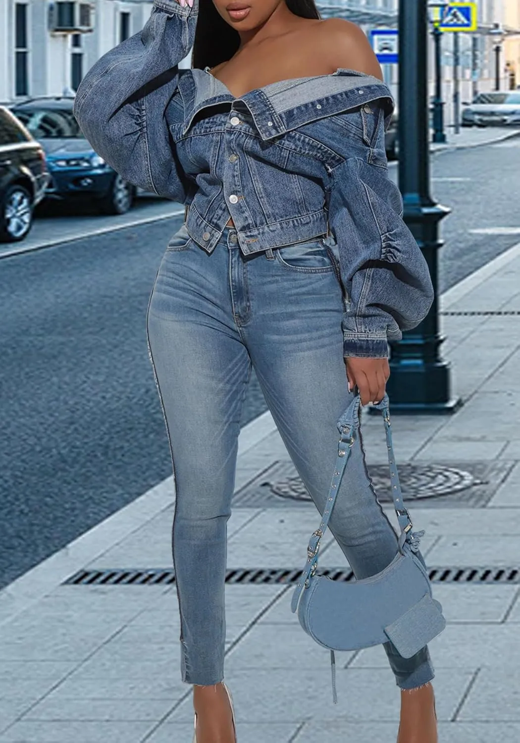 Womens Y2K Cropped Denim Jacket Irregular Distressed Puff Long Sleeve Button Up Jean Jackets Fall Coat