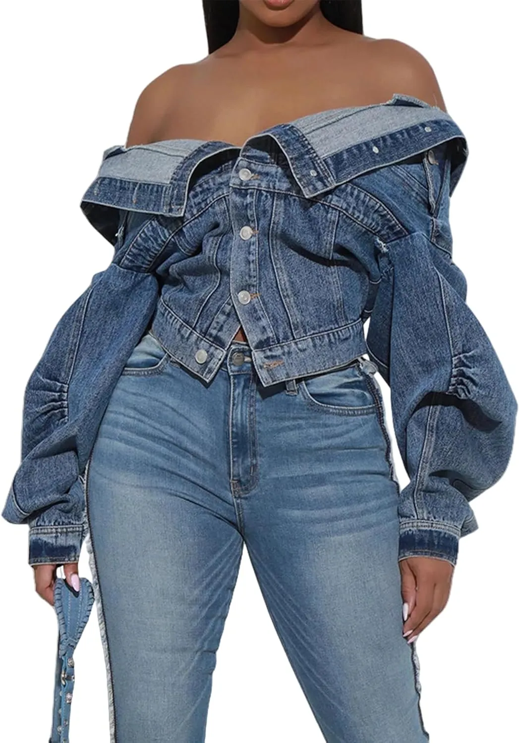 Womens Y2K Cropped Denim Jacket Irregular Distressed Puff Long Sleeve Button Up Jean Jackets Fall Coat
