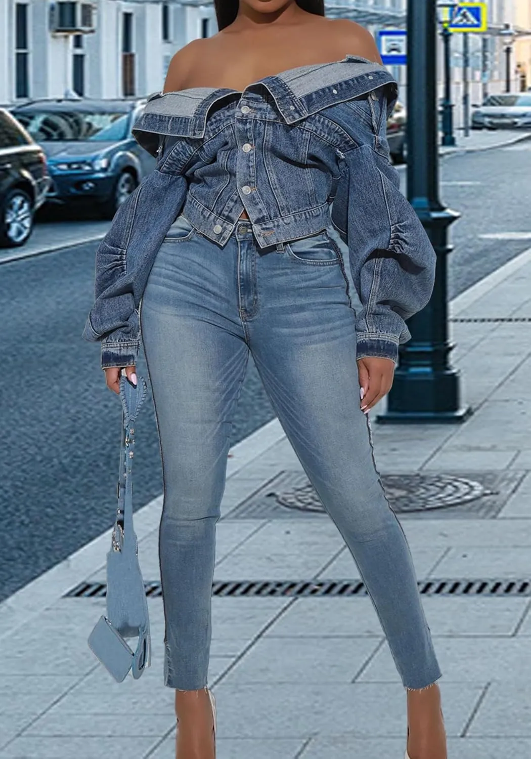 Womens Y2K Cropped Denim Jacket Irregular Distressed Puff Long Sleeve Button Up Jean Jackets Fall Coat