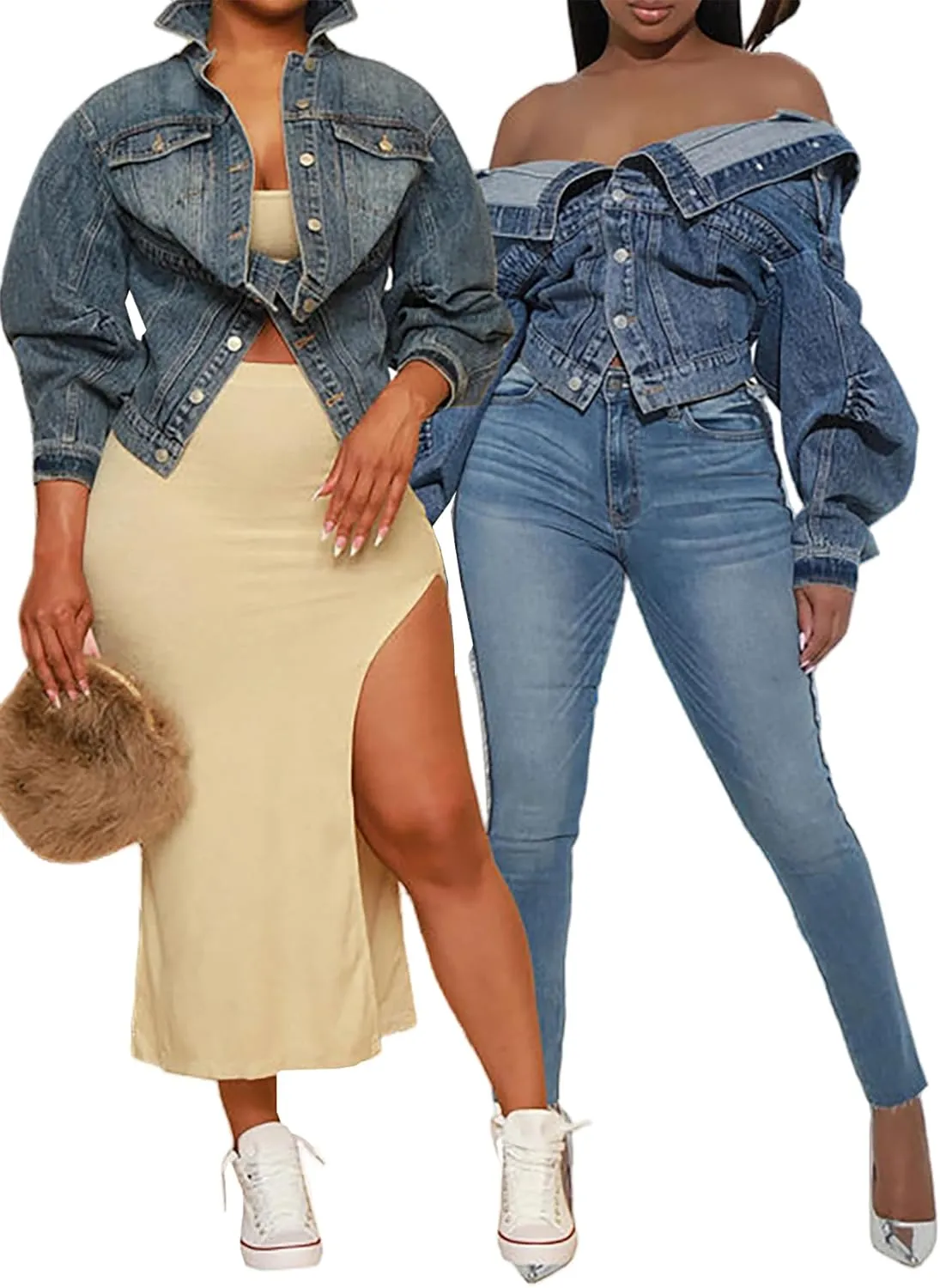 Womens Y2K Cropped Denim Jacket Irregular Distressed Puff Long Sleeve Button Up Jean Jackets Fall Coat
