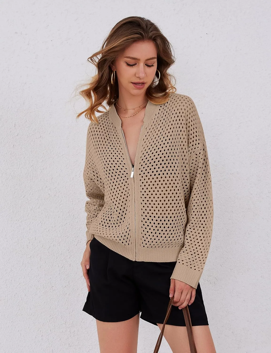 Womens Zip Up Crochet Cardigan Sweater Oversized Long Sleeve Hollow Out Knit Bomber Jacket Fishnet Sweaters