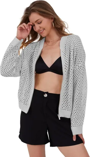Womens Zip Up Crochet Cardigan Sweater Oversized Long Sleeve Hollow Out Knit Bomber Jacket Fishnet Sweaters