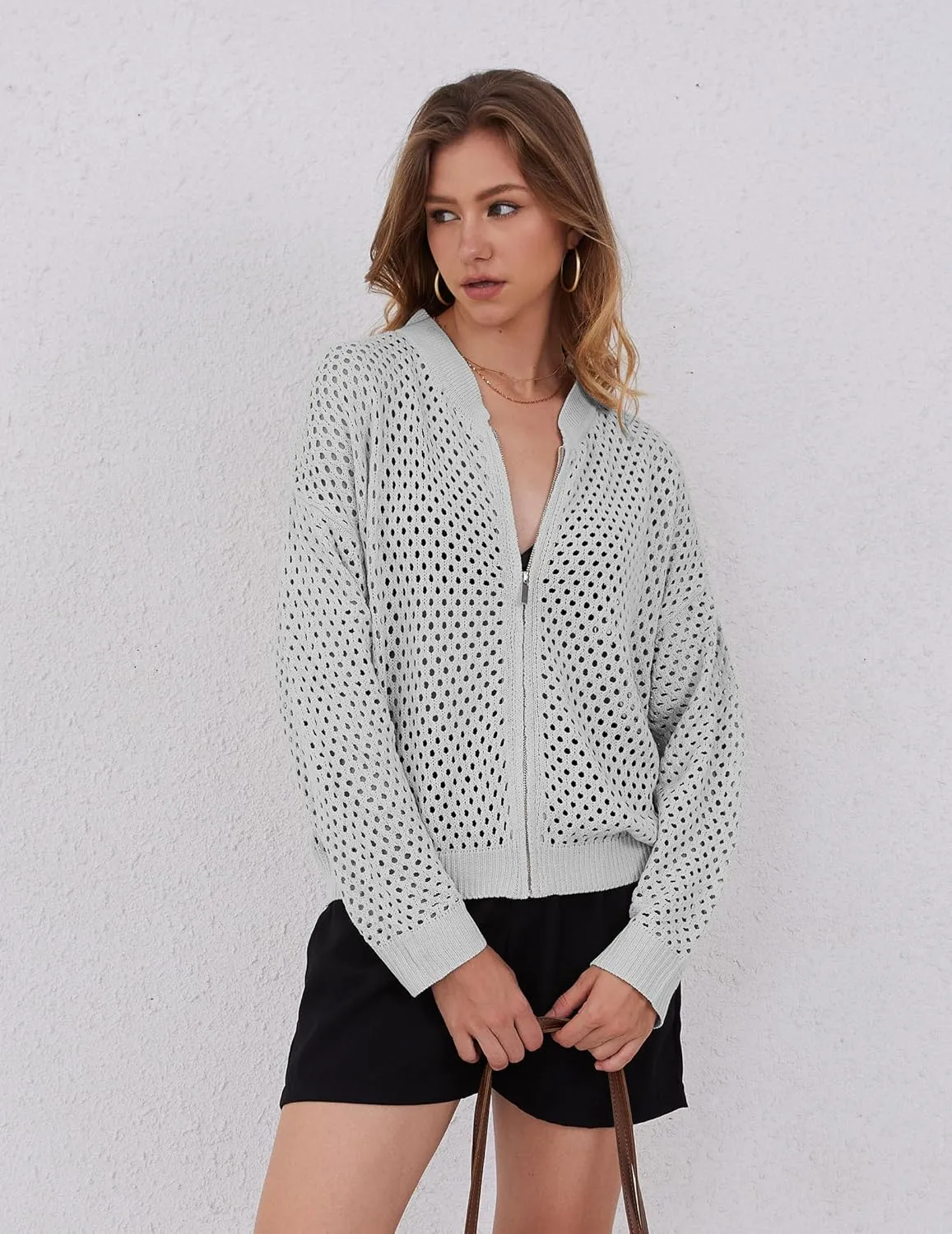 Womens Zip Up Crochet Cardigan Sweater Oversized Long Sleeve Hollow Out Knit Bomber Jacket Fishnet Sweaters
