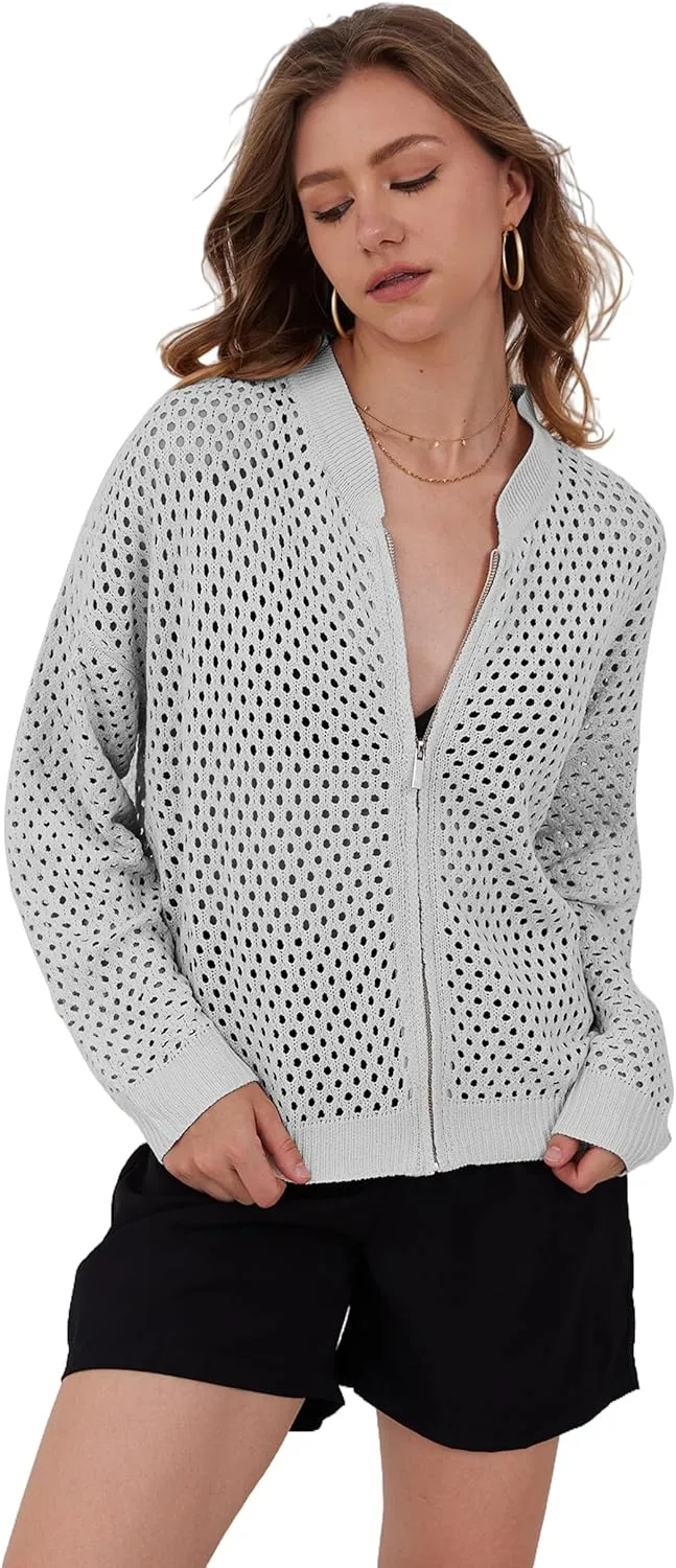 Womens Zip Up Crochet Cardigan Sweater Oversized Long Sleeve Hollow Out Knit Bomber Jacket Fishnet Sweaters