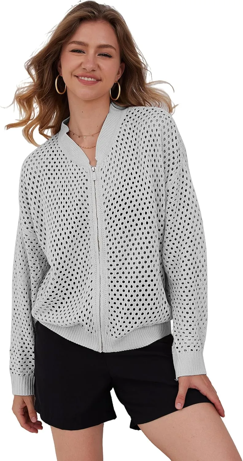 Womens Zip Up Crochet Cardigan Sweater Oversized Long Sleeve Hollow Out Knit Bomber Jacket Fishnet Sweaters