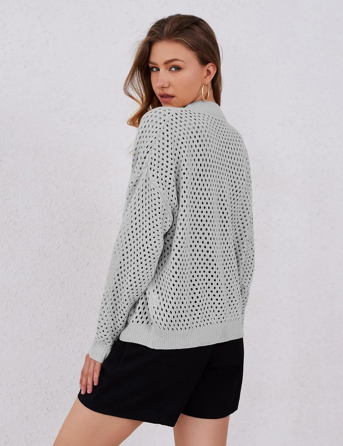 Womens Zip Up Crochet Cardigan Sweater Oversized Long Sleeve Hollow Out Knit Bomber Jacket Fishnet Sweaters