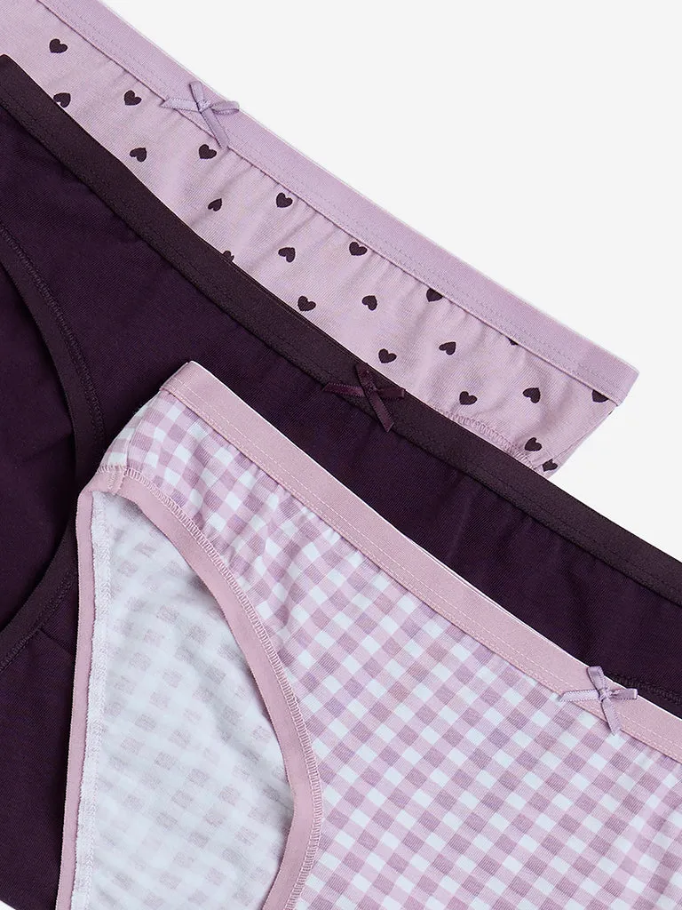 Wunderlove Purple Cotton-Blend Bikini Briefs - Pack of 3